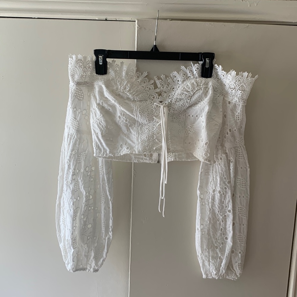Eyelet off the shoulder lace up crop top